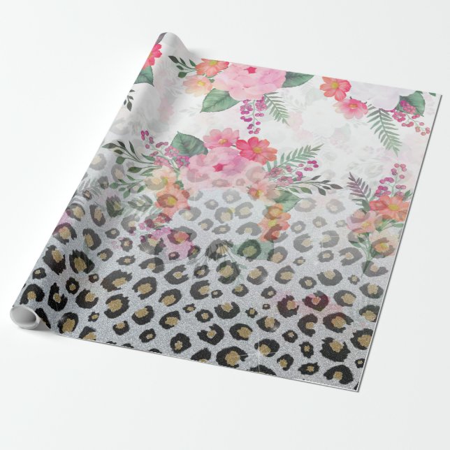 Papier Cadeau Fleurs roses Empreintes de léopard noires en argen (Déroulé)