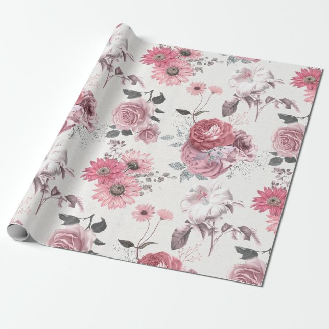 Papier Cadeau Fleurs roses et argentées (Déroulé)