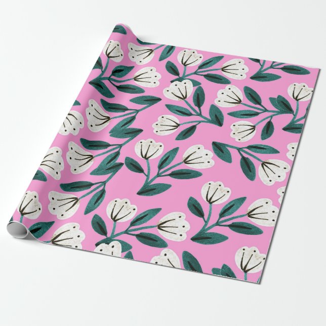 Papier Cadeau Fleurs roses et blanches (Déroulé)