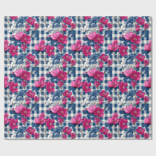 Papier Cadeau Fleurs roses et bleues En vichy noir Découpage