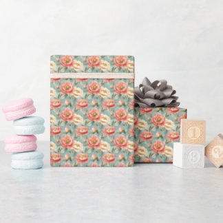 Papier Cadeau Fleurs roses et ivoire sur turquoise