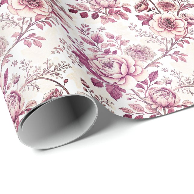 Papier Cadeau fleurs roses et rouge foncé (Coin rond)