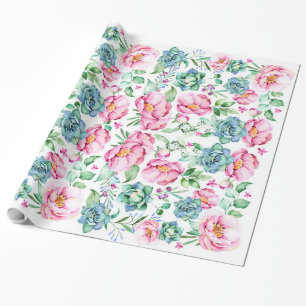 Papier Cadeau fleurs roses et succulentes aquarelle botanique