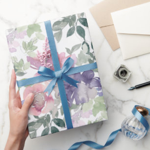 Papier Cadeau Fleurs roses et violettes sur fond blanc
