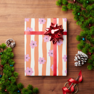 Papier Cadeau Fleurs roses groovy sur rayures orange