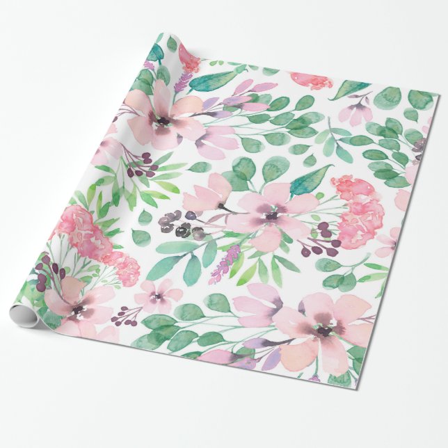 Papier Cadeau Fleurs roses mignonnes Motif de feuilles vertes (Déroulé)