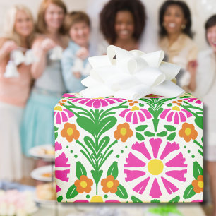 Papier Cadeau Fleurs roses orange vert Cadeau Joie