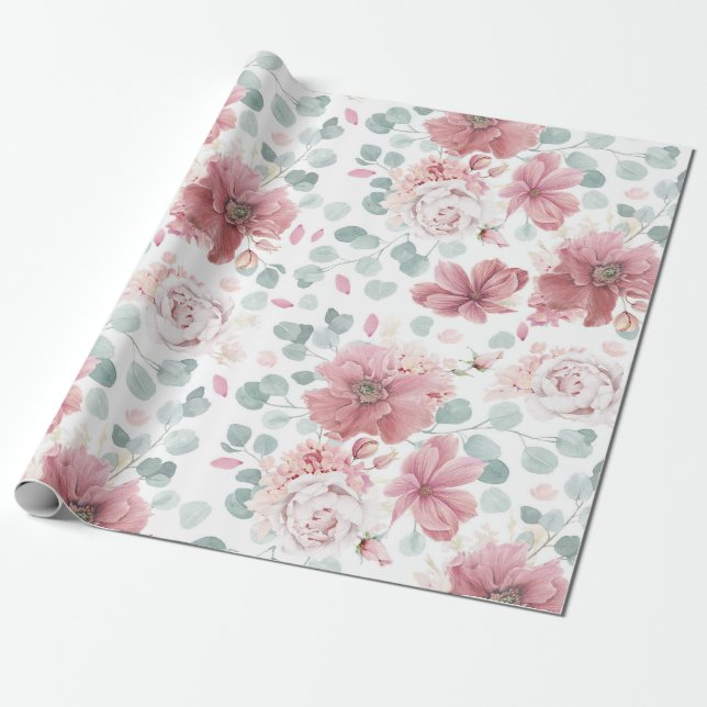 Papier Cadeau Fleurs Roses poussiéreuses Motif Élégant Moderne (Déroulé)