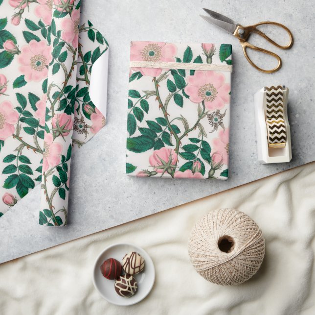 Papier Cadeau Fleurs Roses roses et Motif Feuille vert (Artisanat)