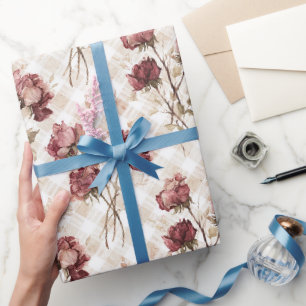 Papier Cadeau Fleurs Roses Rouges Crème Enterrement de Vie de Je