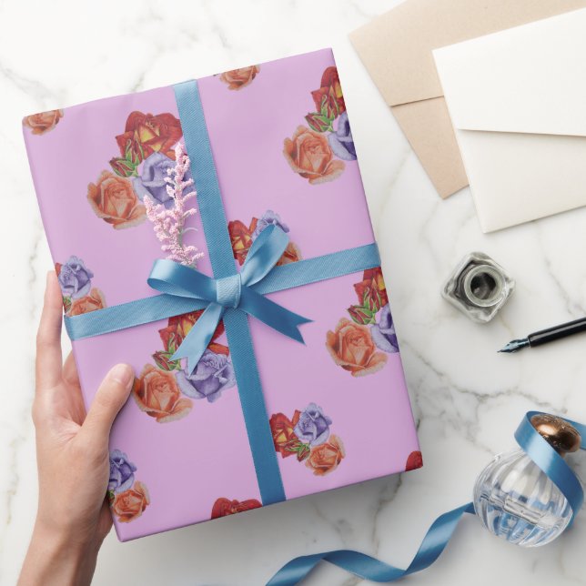 Papier Cadeau fleurs roses rouges et bourgeons roses art floral (Cadeaux)