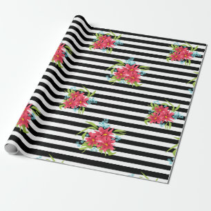 Papier Cadeau Fleurs roses sans joint floral noir blanc rayé l