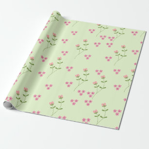 Papier Cadeau Fleurs roses simples sur un Arrière - plan vert pa