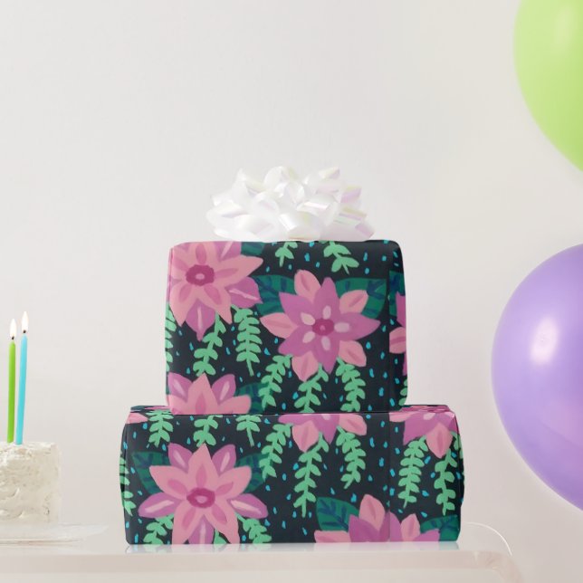 Papier Cadeau Fleurs roses sur impression noire (Cadeaux de fête)