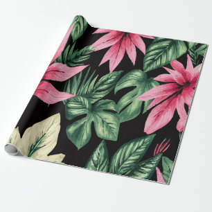 Papier Cadeau Fleurs Roses Tropicales et Motif de Feuilles de Pa