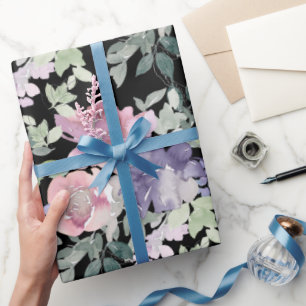 Papier Cadeau Fleurs roses violettes sur fond noir