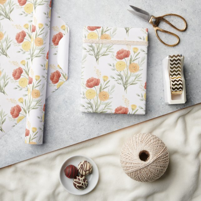 Papier Cadeau Fleurs Rouge Orange Jaune (Artisanat)