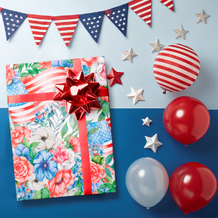 Papier Cadeau Fleurs rouges blanches et bleues Fête nationale d