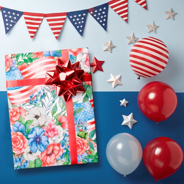 Papier Cadeau Fleurs rouges blanches et bleues  Fête nationale d (Créateur téléchargé)