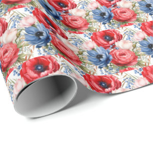 Papier Cadeau Fleurs rouges, blanches et bleues patriotiques