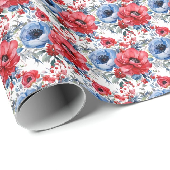 Papier Cadeau Fleurs rouges, blanches et bleues patriotiques (Coin rond)