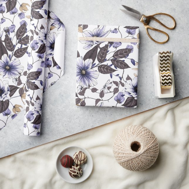 Papier Cadeau Fleurs rouges bleu clair continu motif (Artisanat)