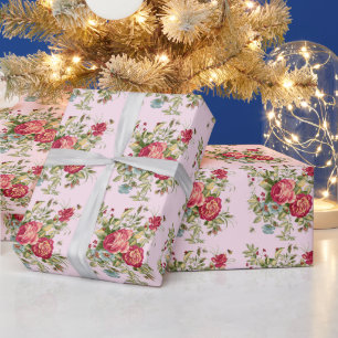 Papier Cadeau Fleurs rouges bleues Baies abeilles coccinelles