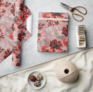 Papier Cadeau Fleurs rouges, bordeaux.