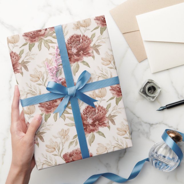 Papier Cadeau Fleurs Rouges Crème Shower de Mariée (Cadeaux)