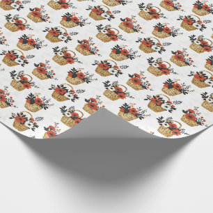 Papier Cadeau Fleurs rouges et blanches en paniers sur blanc