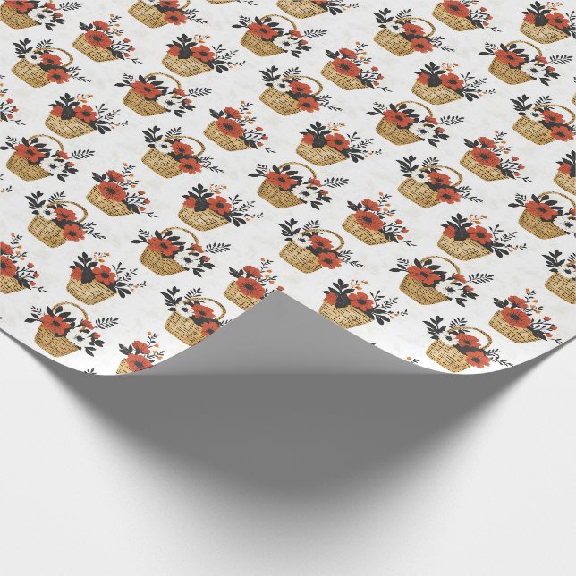 Papier Cadeau Fleurs rouges et blanches en paniers sur blanc (Coin)