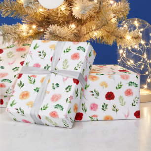 Papier Cadeau Fleurs rouges et oranges avec motif de feuillage