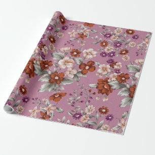 Papier Cadeau Fleurs rouges et roses sur un Motif violet