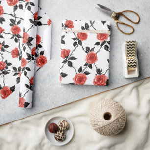 Papier Cadeau Fleurs Rouges Feuilles Noires Anniversaire