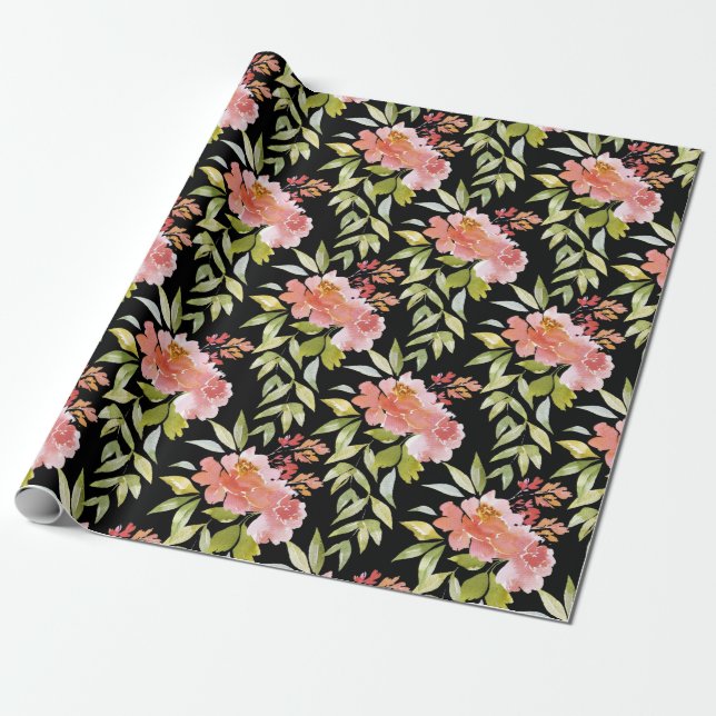 Papier Cadeau Fleurs Rouges Luxuriantes sur Fond Noir (Déroulé)