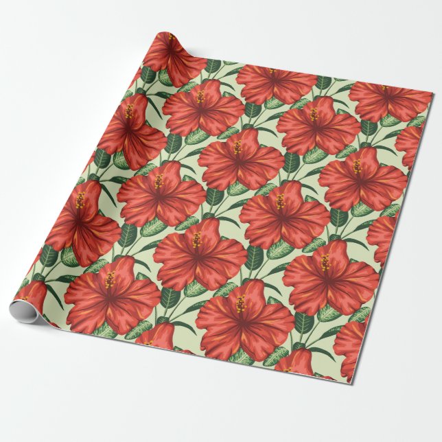 Papier Cadeau Fleurs rouges motifs à fleurs tropicales (Déroulé)