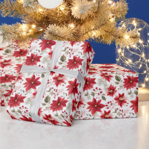 Papier Cadeau Fleurs rouges Poinsettia Berries de Noël