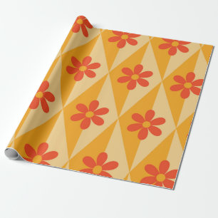 Papier Cadeau Fleurs rouges rétro sur diamants orange vintage