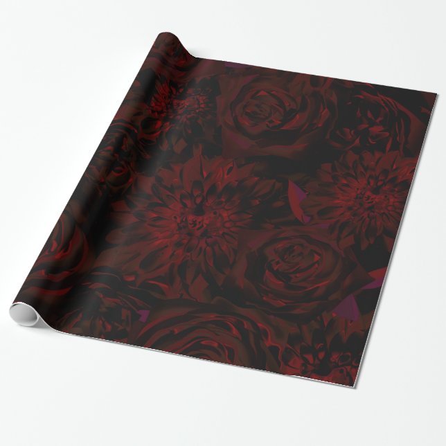 Papier Cadeau Fleurs rouges romantiques de jardin sombre mariage (Déroulé)
