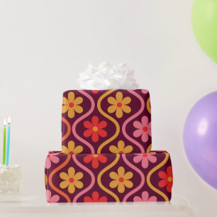 Papier Cadeau Fleurs rouges roses oranges sur un motif ogee vint