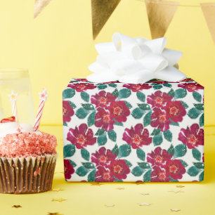 Papier Cadeau Fleurs rouges sur blanc.