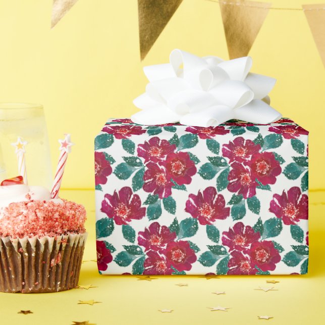 Papier Cadeau Fleurs rouges sur blanc. (Fête d'anniversaire)