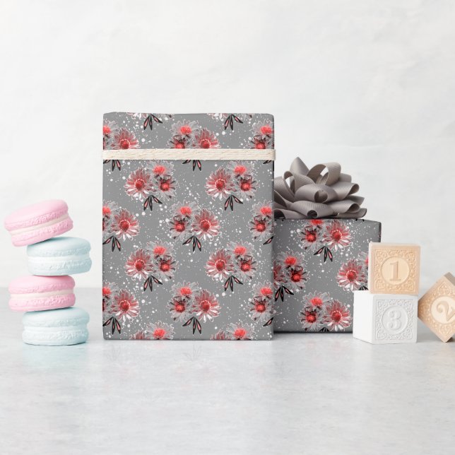 Papier Cadeau Fleurs rouges sur gris (Baby Shower)