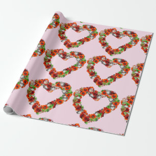 Papier Cadeau Fleurs rouges vintages et coeur papillon Guerre fl