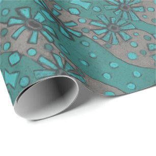 Papier Cadeau Fleurs rustiques, Abstrait motif Floral Gris Turqu
