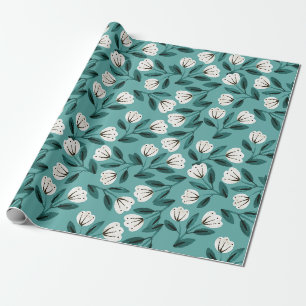 Papier Cadeau Fleurs sarcelle et blanc