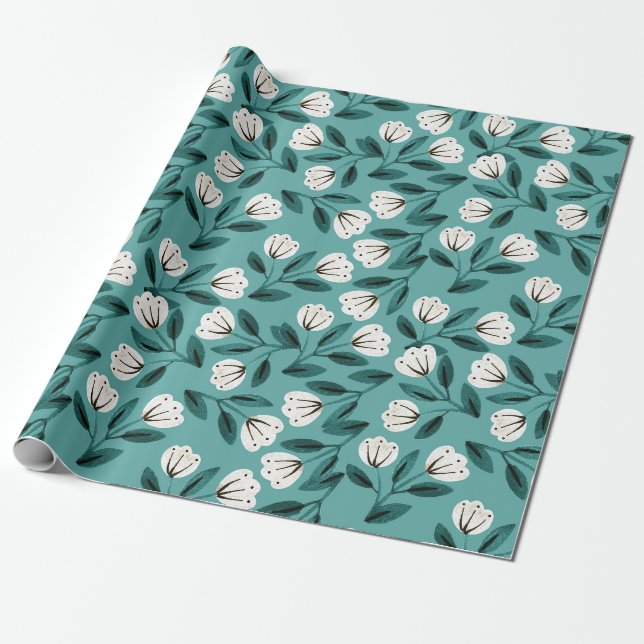 Papier Cadeau Fleurs sarcelle et blanc (Déroulé)