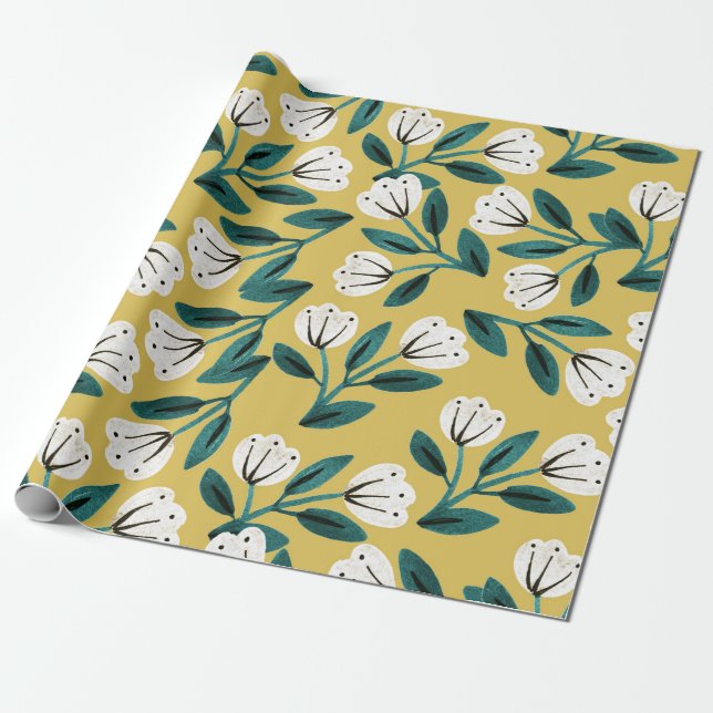 Papier Cadeau Fleurs sarcelle et or (Déroulé)