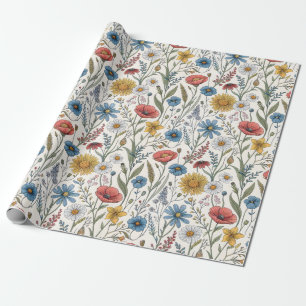Papier Cadeau Fleurs sauvages abstraites charmantes bleu rose ja