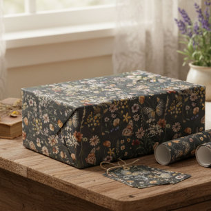 Papier Cadeau Fleurs sauvages aquarelles grises charbon 